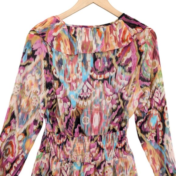 Zara Mini Ruffle Dress Multicolor Long Sleeve Smocked Tiered Sheer Size S - Picture 3 of 10